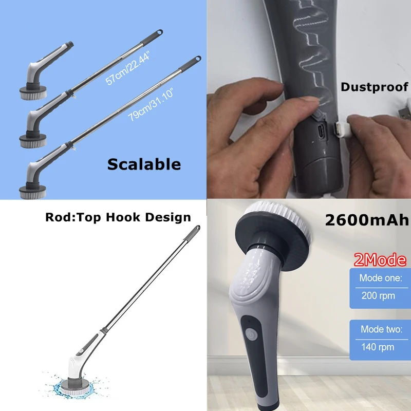 DC IPX8 6-in-1 Electric Cleaning Brushes Fish Tank Electric Scrubber Brush 2600mAh Type-C Kicthen Bathroom Toilet Cleaning Tools