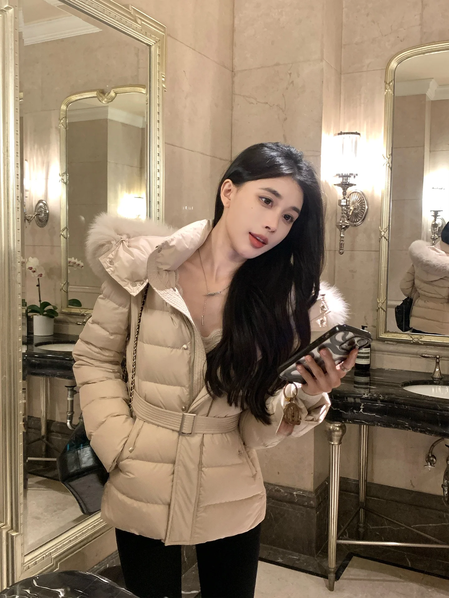 

Hecenxi Soft Aosphere Milk Coffee down Jaet Women's Casual Sle Waist-Cinching Belted White Du down Winter Coat