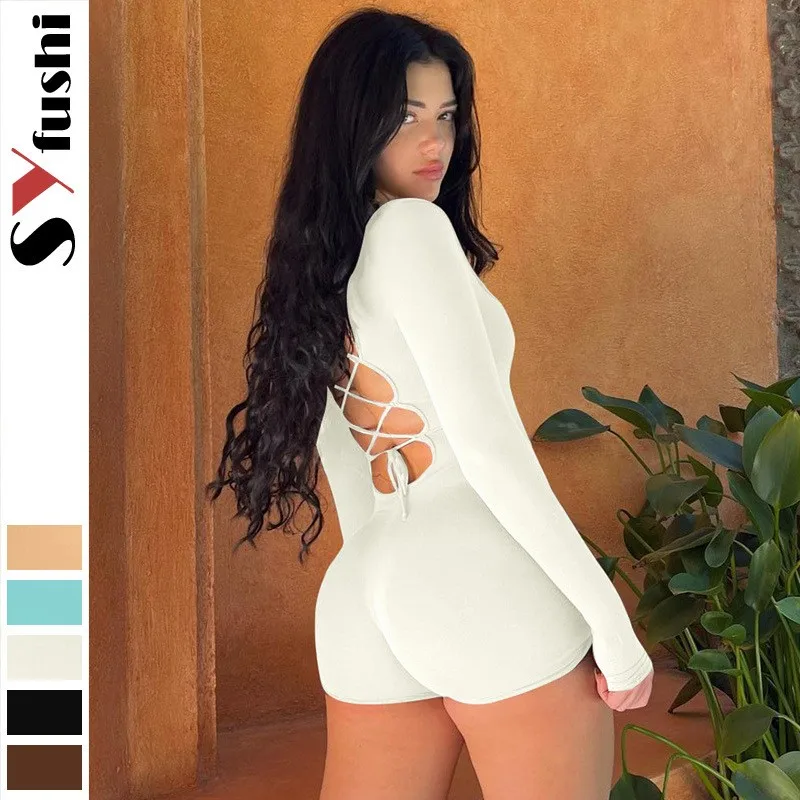 

Autumn Women's Clothing Long Sleeve U Neck Tie Back High Waist Jumpsuits For Woman Milk Silk Bodysuit Three Quarter Leg Cut