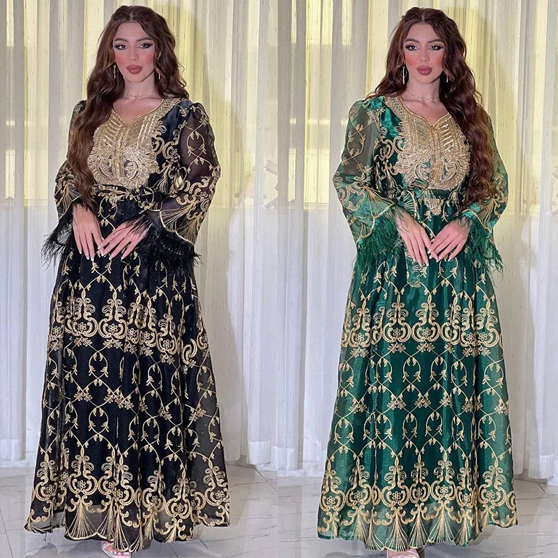 Muslim Evening Dress for Women, Ramadan, Golden Embroidery, Gorgeous Jalabiya, Middle East Gown, Moroccan Kaftan, Arab, Dubai