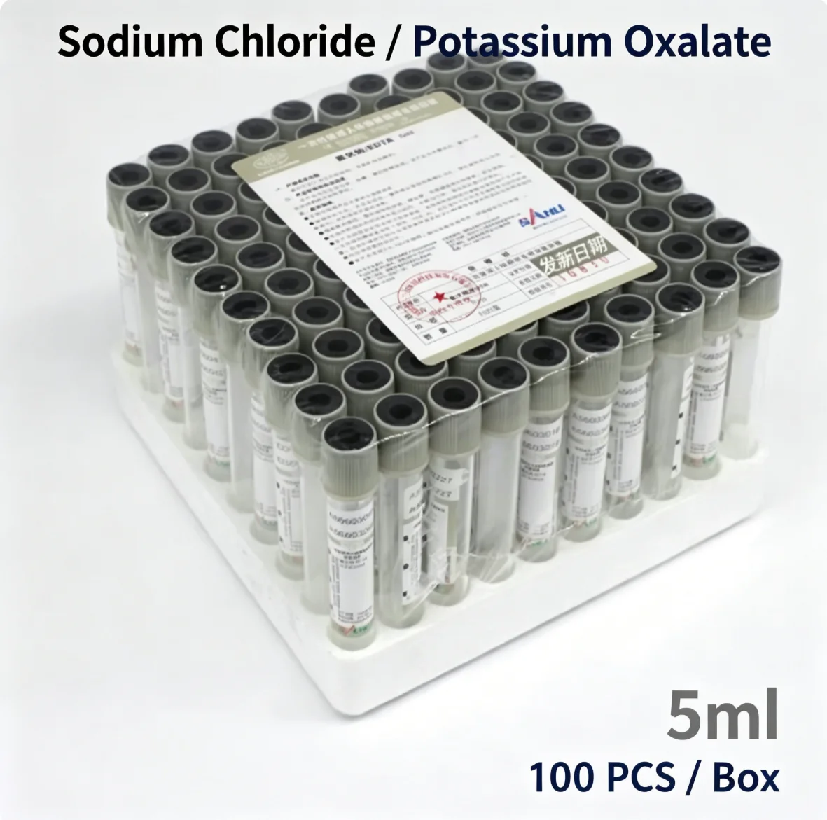 100 pcs 5ml disposable vacuum blood collection tubes, potassium oxalate sodium fluoride tubes, gray cap vacuum blood collection