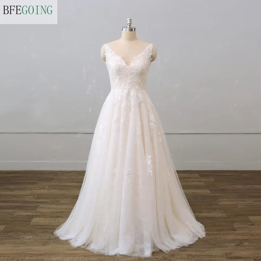 Lace A-Line Wedding Dresses Customized Floor-Length V-Neck Sleeveless Layered Skirt Bridal Gowns