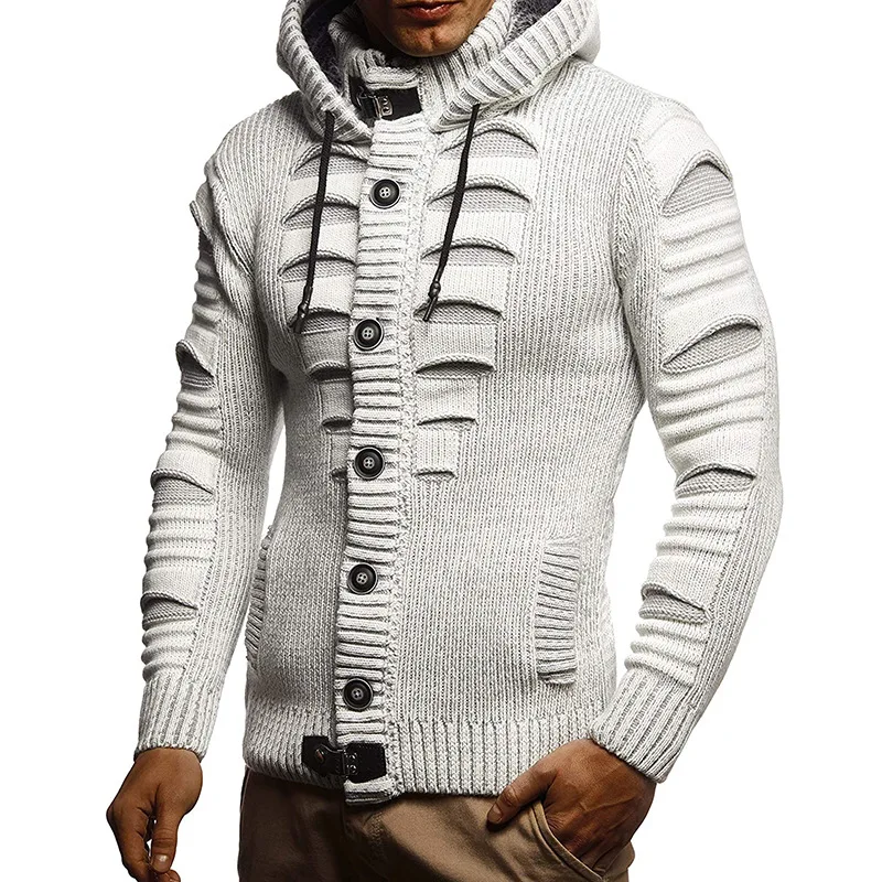 

Winter Men's Hooded Cardigan Hole Fashion Knit Sweatercoat Male Thick Warm Vintage Knitting Sweater Jackets Hooded Outwear Coats