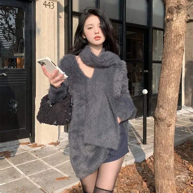 Soft Mink Sweater with Scarf Women Autumn Winter New Loose Coat Lazy V-neck Knit Tops Thick Y2k Clothes Trend Streetwear Design