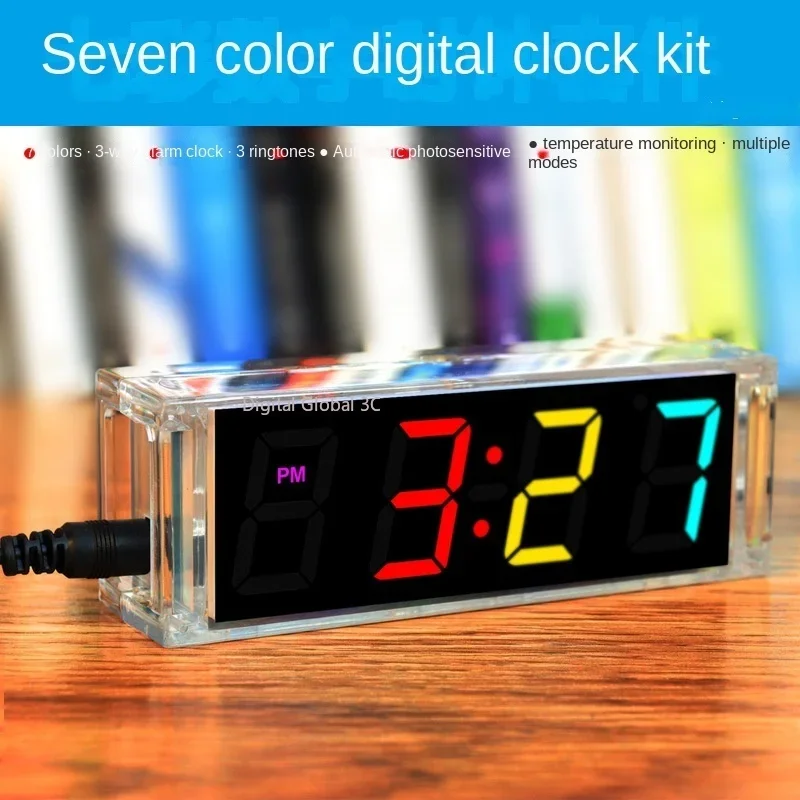 Kit de reloj de tubo Digital DIY, pantalla de semana LED Multicolor de temperatura con cubierta de caja transparente, Kit electrónico de bricolaje, montaje de soldadura