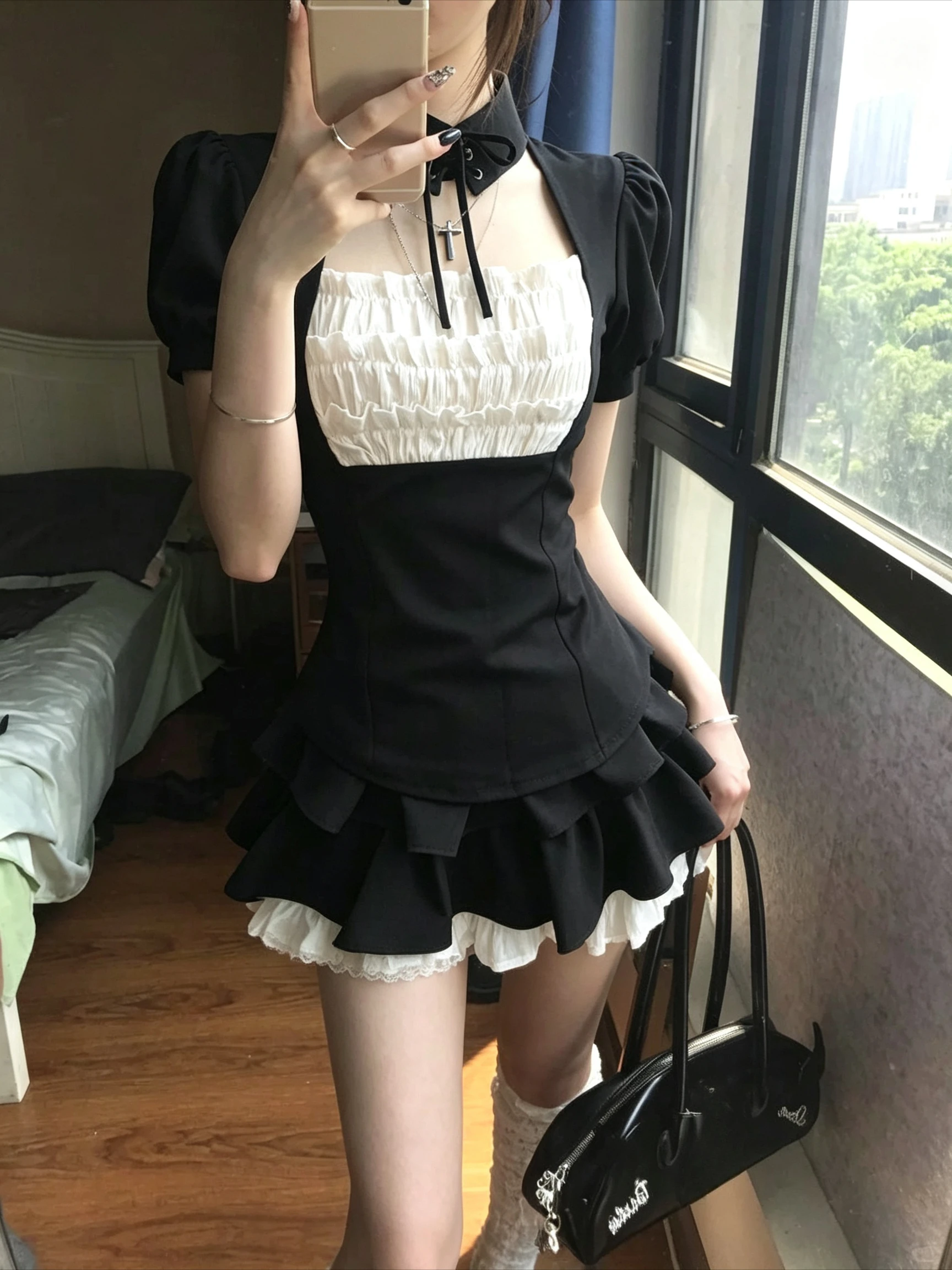Y2K Vintage Lolita Dress Black White Color Block Stand Collar Lace Up Puff Sleeve Elegant Women Tiered Ruffle Hem Party Dress