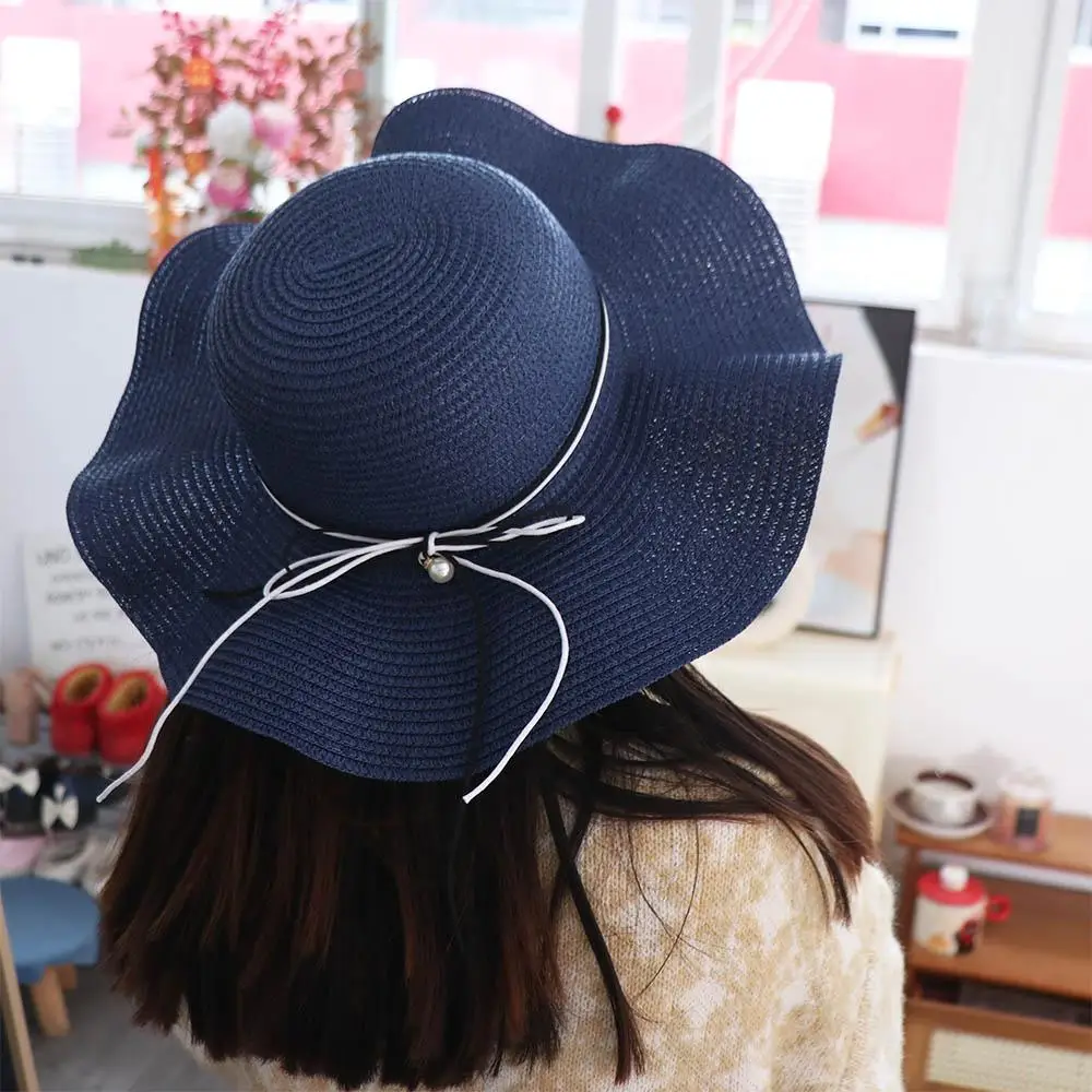 

Fashion French Style Pearls Strap Straw Hat Spring Summer Wide Brim Folding Straw Hats Travel Beach Women's Sun Hat Female