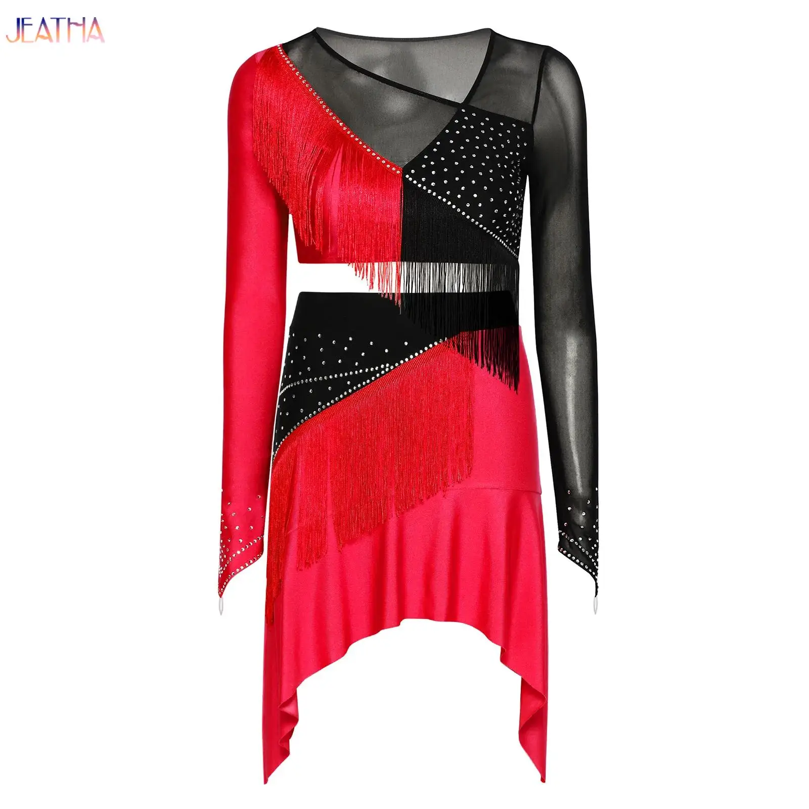 

Womens Salsa Latin Dance Outfit Set Tassels Long Sleeves Color Blocking Crop Top with Skirt for Rumba Salsa Dance Performance