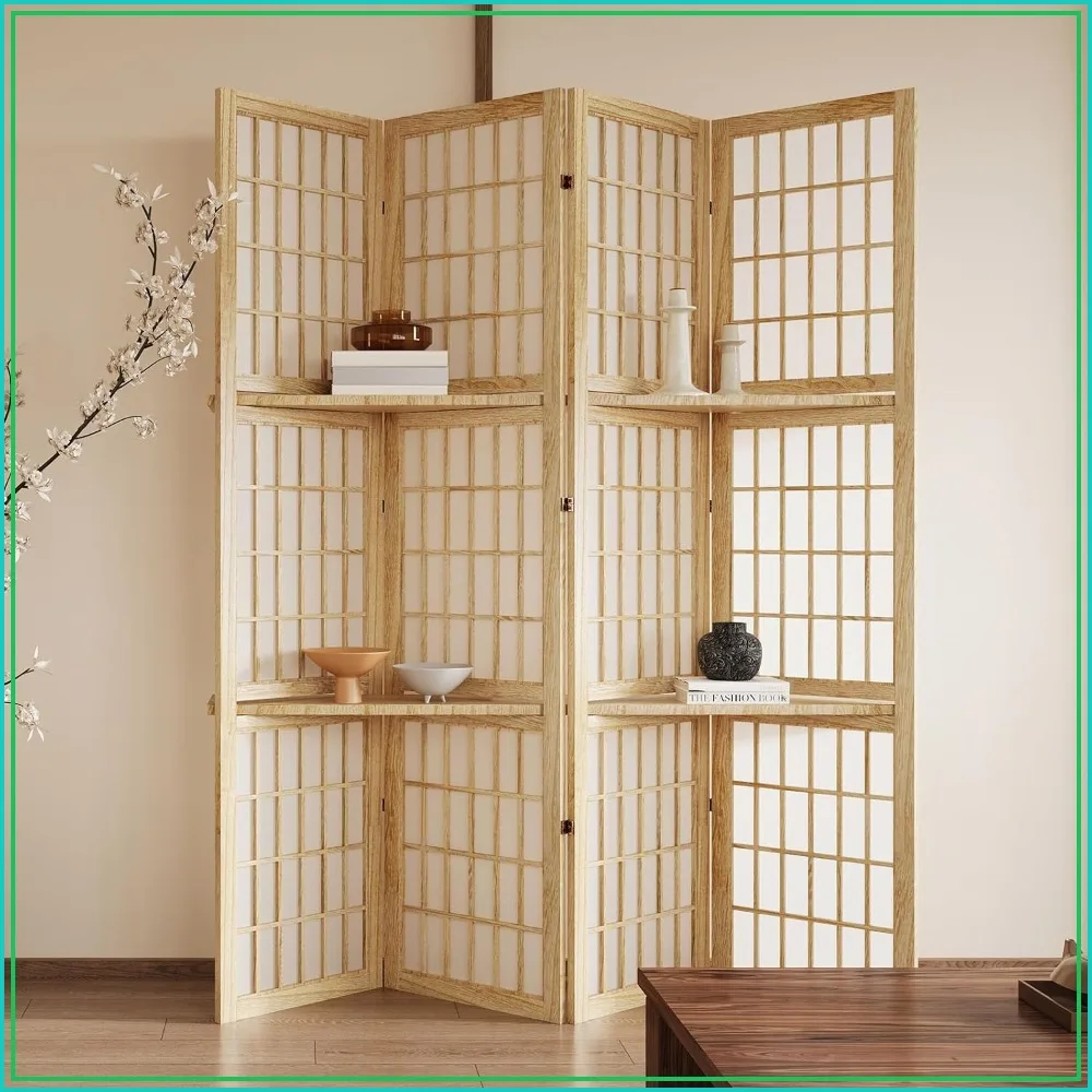 5.6FT Folding Room Divider, Shoji Style 4 Panel Partition with 3 Shelves, Natural