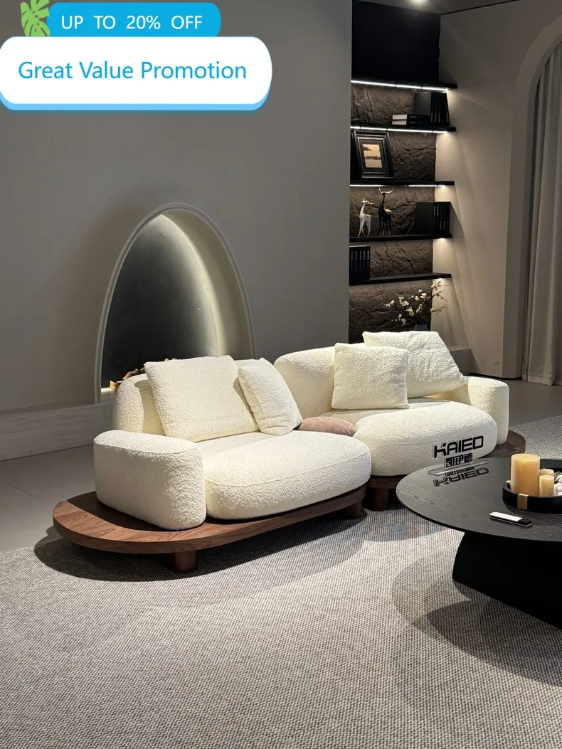 Beige Boucle Curved Corner Sofa L Shaped Modular Sectional Pillow Backrest Walnut Finish Base Deep Seat For Living Room