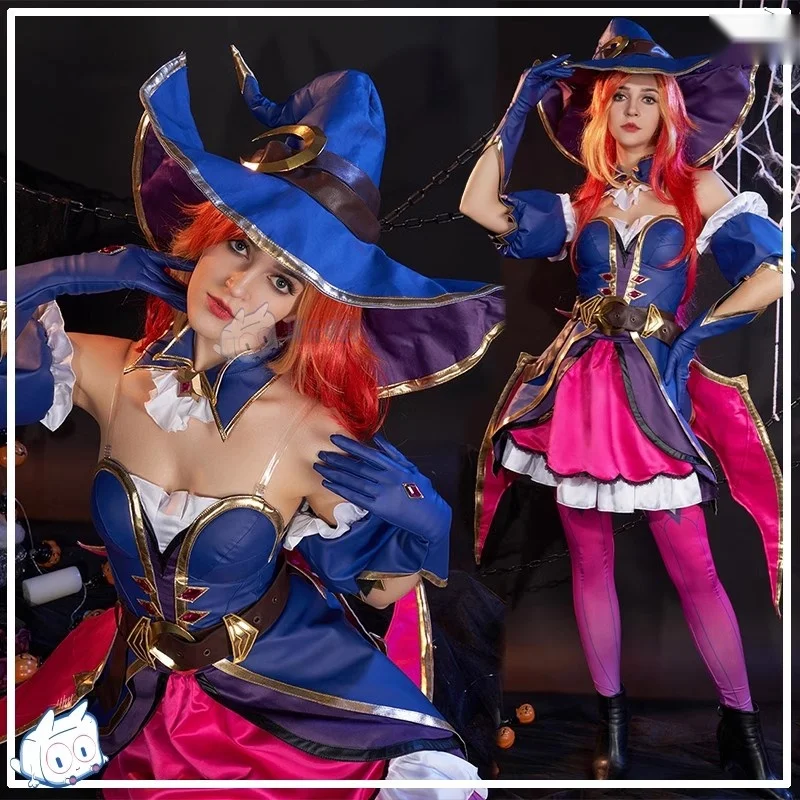 

Game LOL Cosplay Costumes Miss Fortune Halloween Seductive Witch Full Suit League Bounty Hunter Hats Tops Skirts Pumpkin Prop