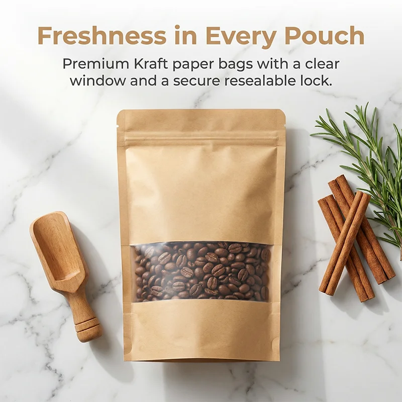 Kraftpapier-Standbeutel mit Sichtfenster, wiederverschließbarer Zip-Verschluss, wärmeversiegelbarer Beutel für Kaffeebohnen, Tee, Nüsse, Snackverpackungen