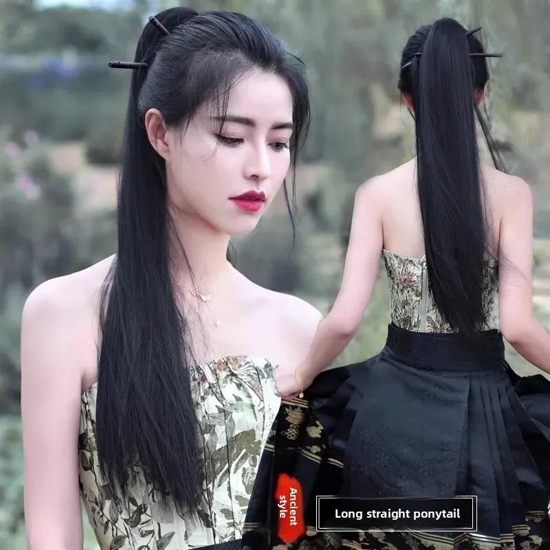 Extensiones de cabello largo y liso de estilo chino tradicional, cola de caballo alta para mujer, cola de cabello postizo, accesorios para disfraces de cine y televisión