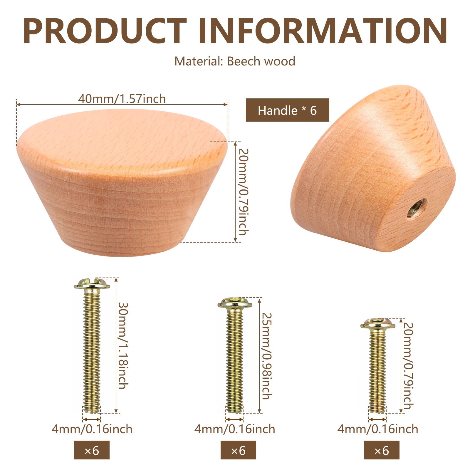 Wooden Cabinet Knobs 6 Pack Beech Wood Round Cupboard Handles with 3 Screw Lengths for Kitchen Cabinets Dressers Wardrobes