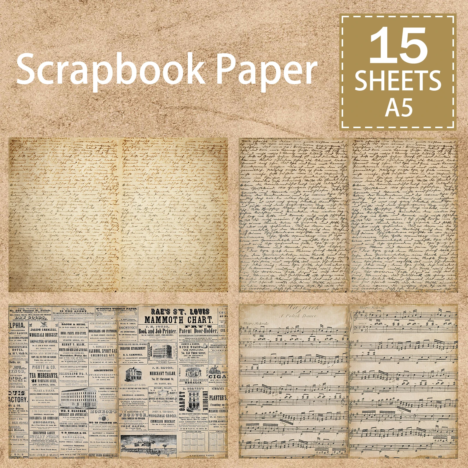 15 Sheets A5 Size Word Sheet Music Retro Newspaper Background Vintage Grunge Journal Planning Scrapbooking