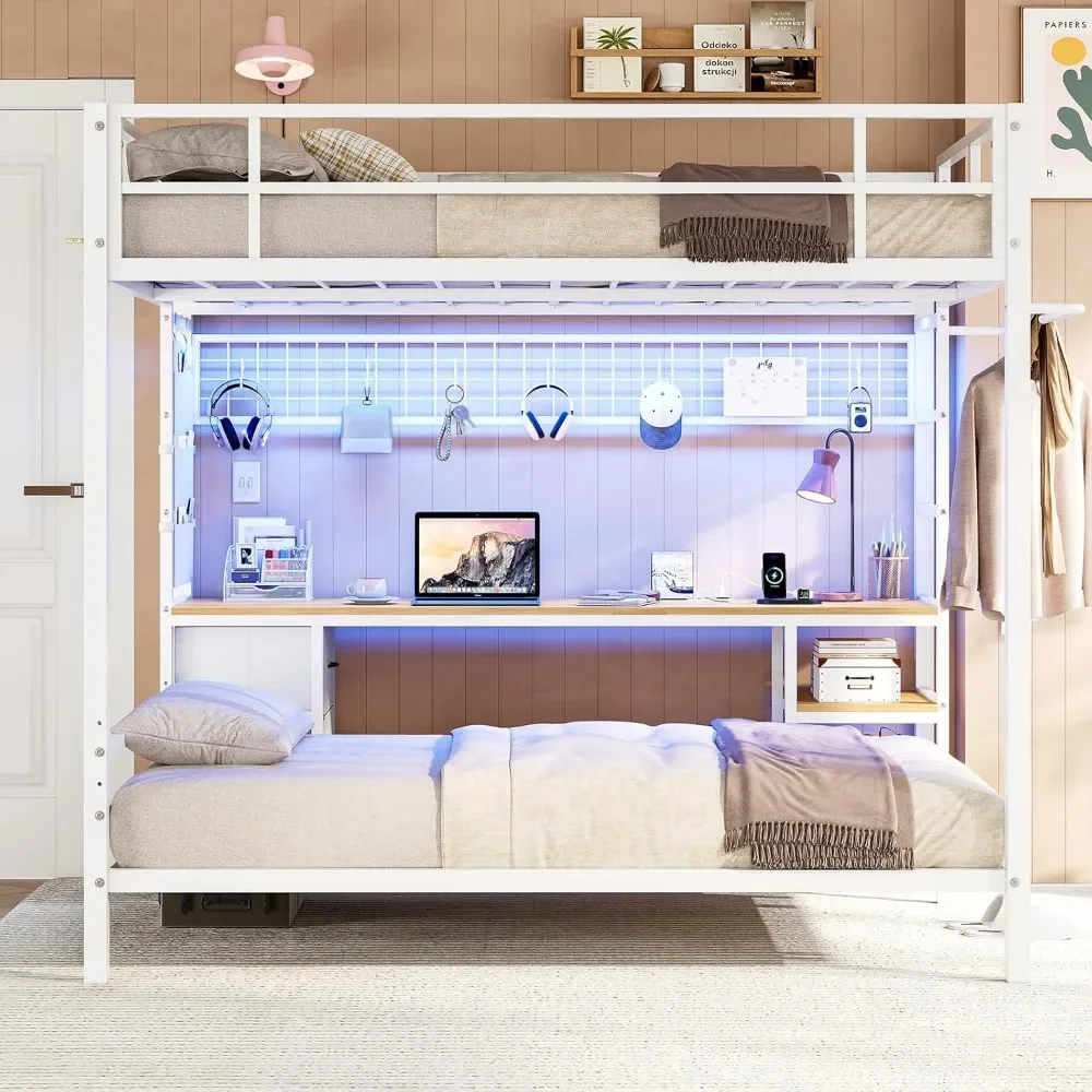 Full Over Twin Bunk Bed with Desk and Led Lights, Charging Station, Storage Shelves and Drawers, Safety Guard&Ladder, Metal Bed image 6
