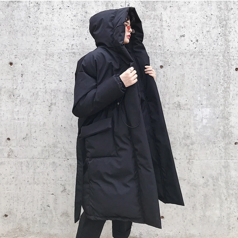 Clothing Winter Menswear Black Medium And Long Drawstring Lace Up Cotton Coat New Loose Hooded Thickened Padded Jacket