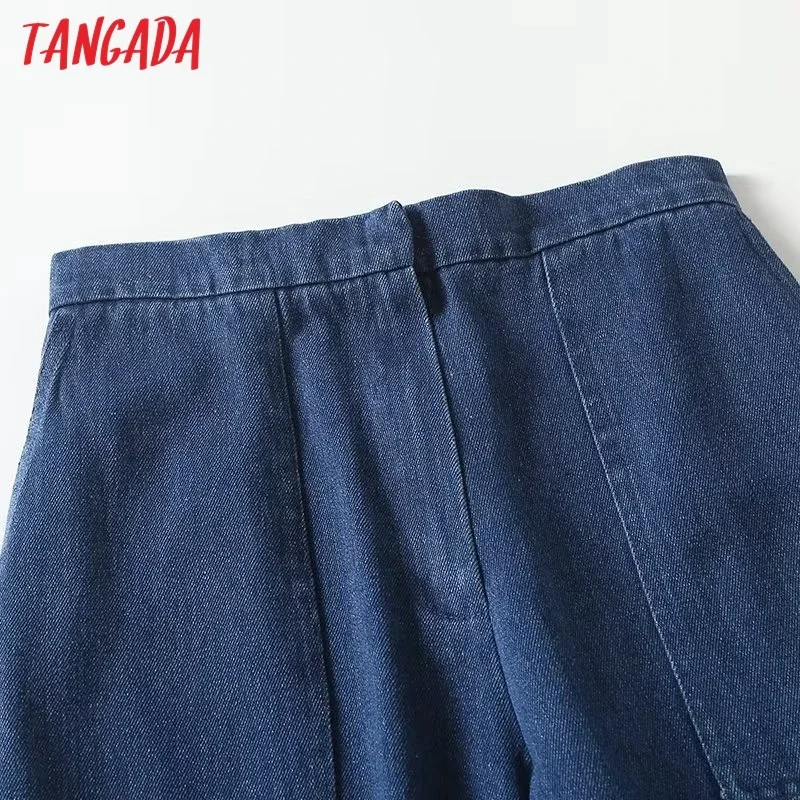 Tangada 2023 Women Blue Jeans Pants Trousers Pocket Strethy Waist Female Wide Leg Denim Pants 4C354