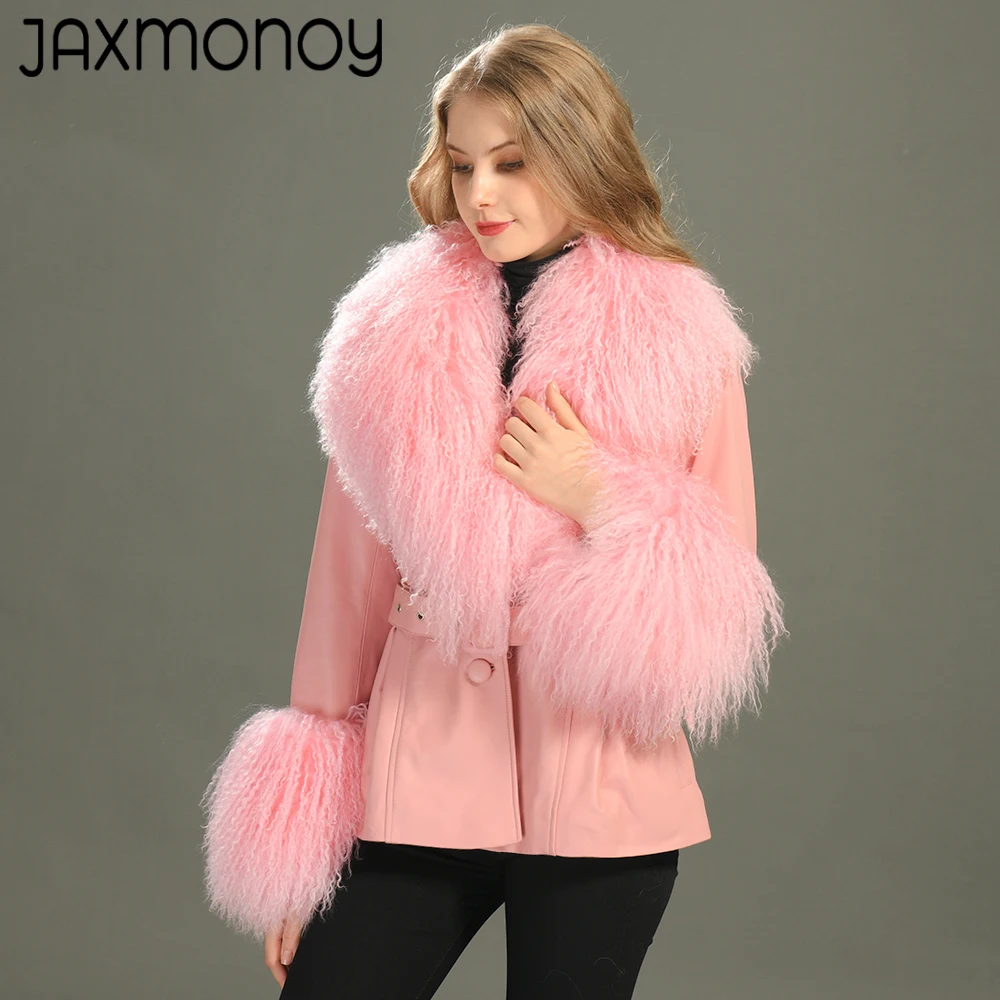 Jaxmonoy jaqueta feminina de couro genuíno com pele mongol real, casacos de pele de carneiro da moda para primavera e outono, casaco de couro real novo