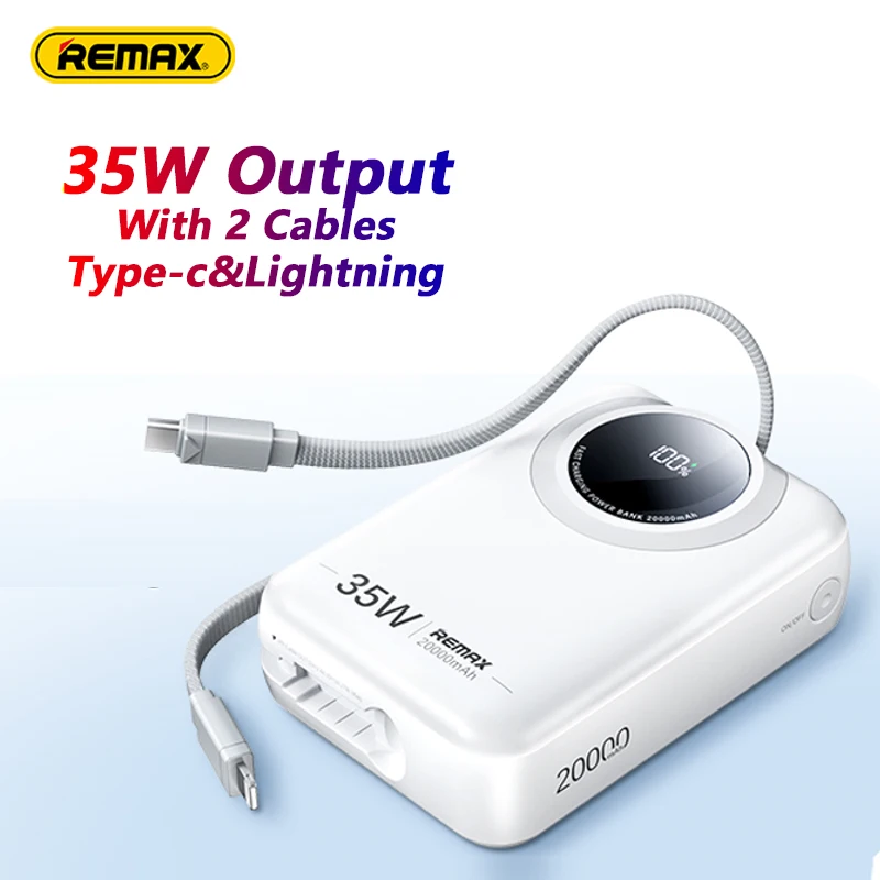 Remax 35W Mini Powerbank 20000mAh Large Capacity With TypeC Cable for Laptop Macbook iPhone16P Xiaomi Externa Battery Fast Charg