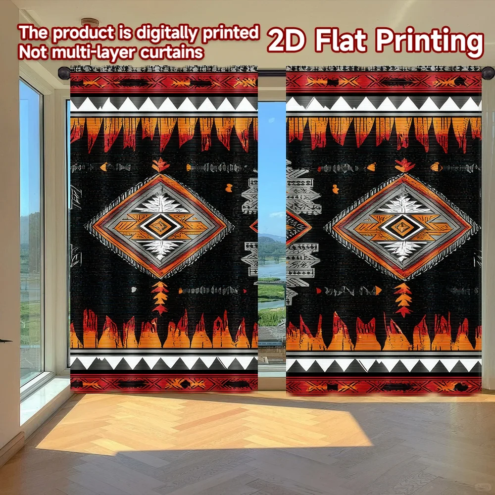 

2D flat printing 2pcs Scene Curtains Geometric Tribal Motif Digital Printed Polyester Drapes Family Party Decoration Perfect for