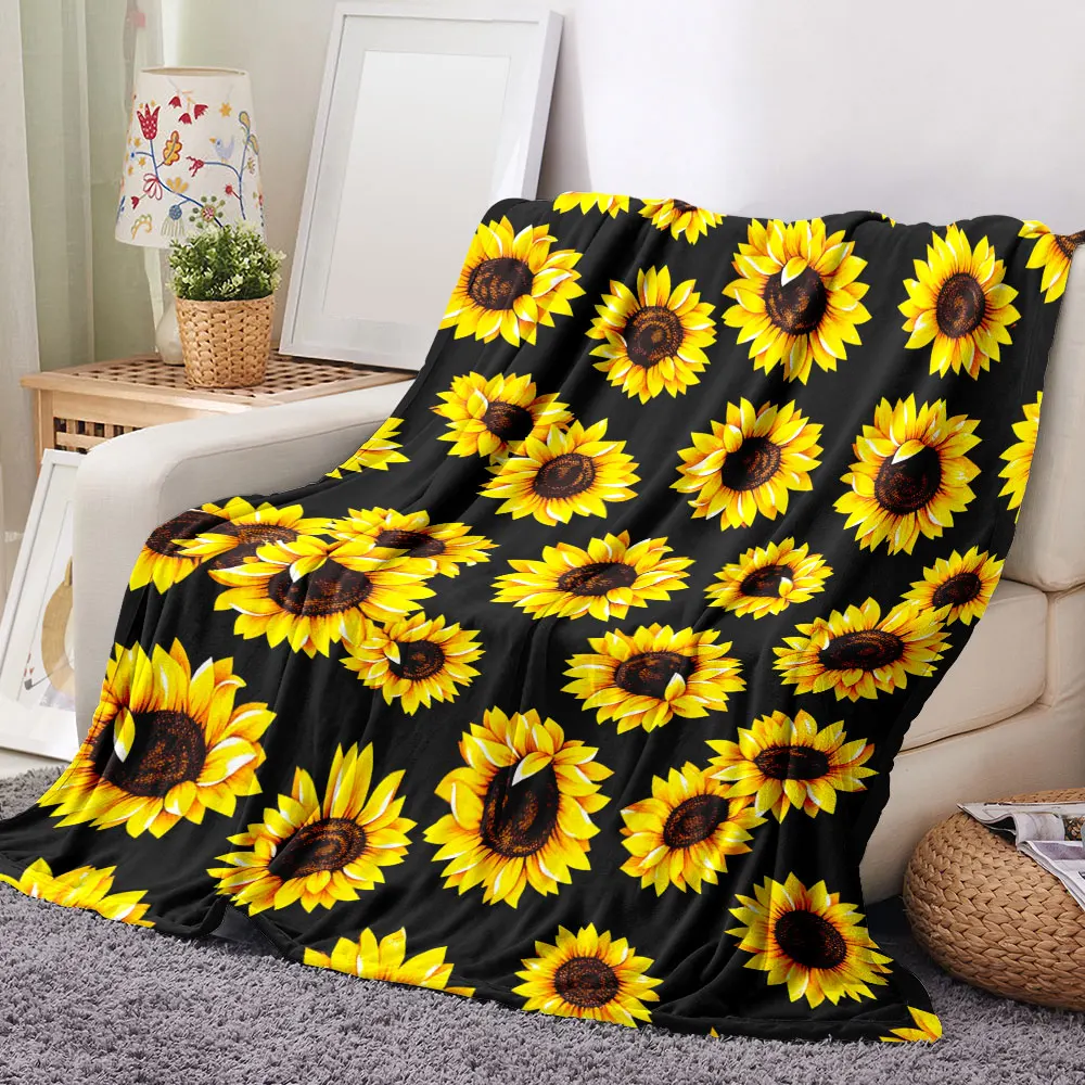 Sunflower Pattern Blanket - Vibrant Yellow Petal & Dark Brown Center Sunflowers on Solid Black Background, Dense & Cheerful Desi