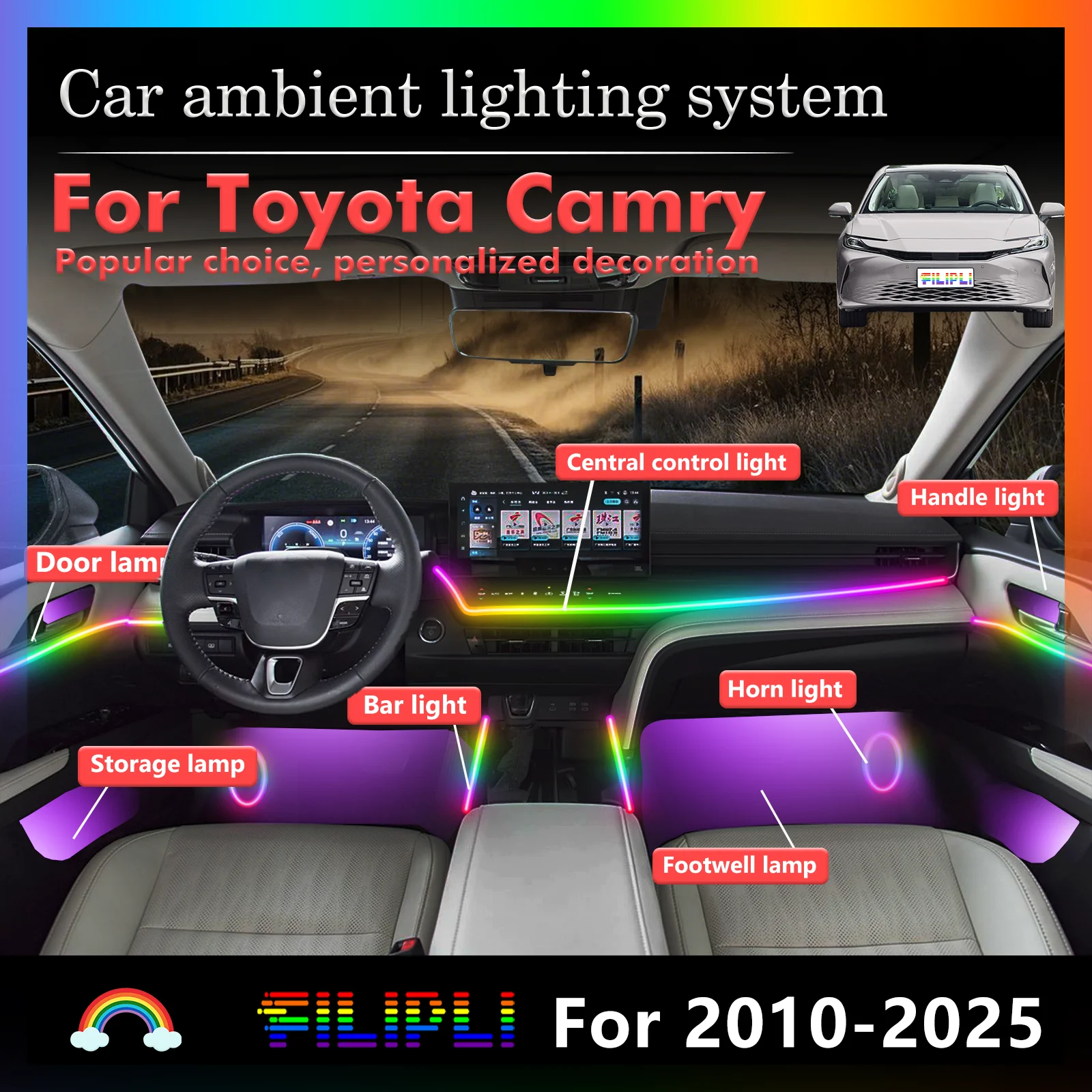 

10 In1 for Toyota Camry XV40 XV50 XV70 XV80 Car LED Ambient Lamps Colorful Atmosphere Lights Auto Interior Neon Strip 64 RGB APP