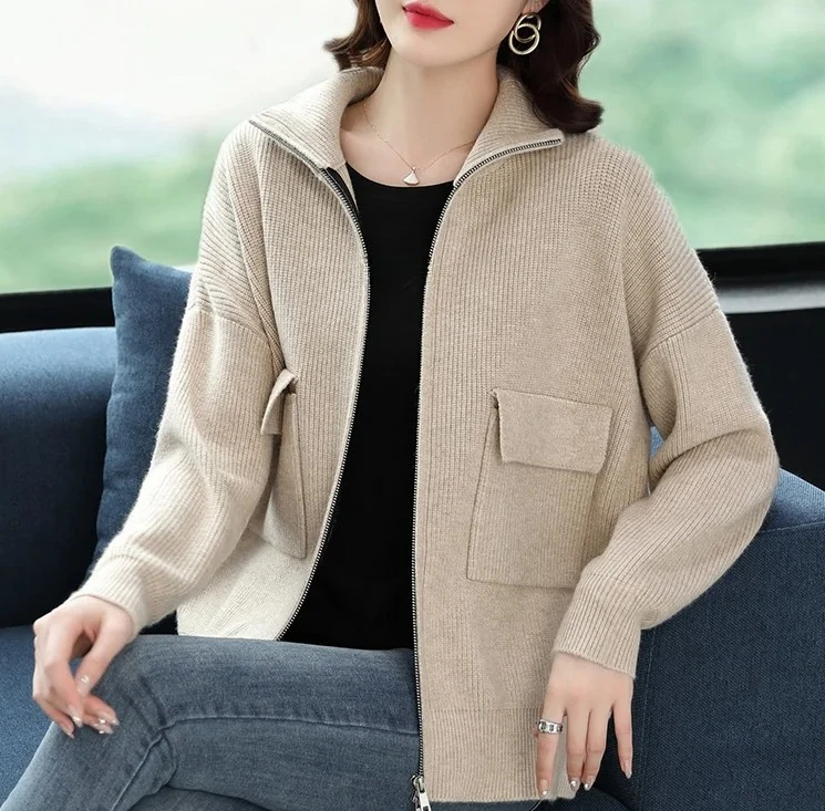 

Stand Collar Jacket Sweater Women's Outerwear Loose Knitted Casual Style Pure Color Winter Commute Fashion