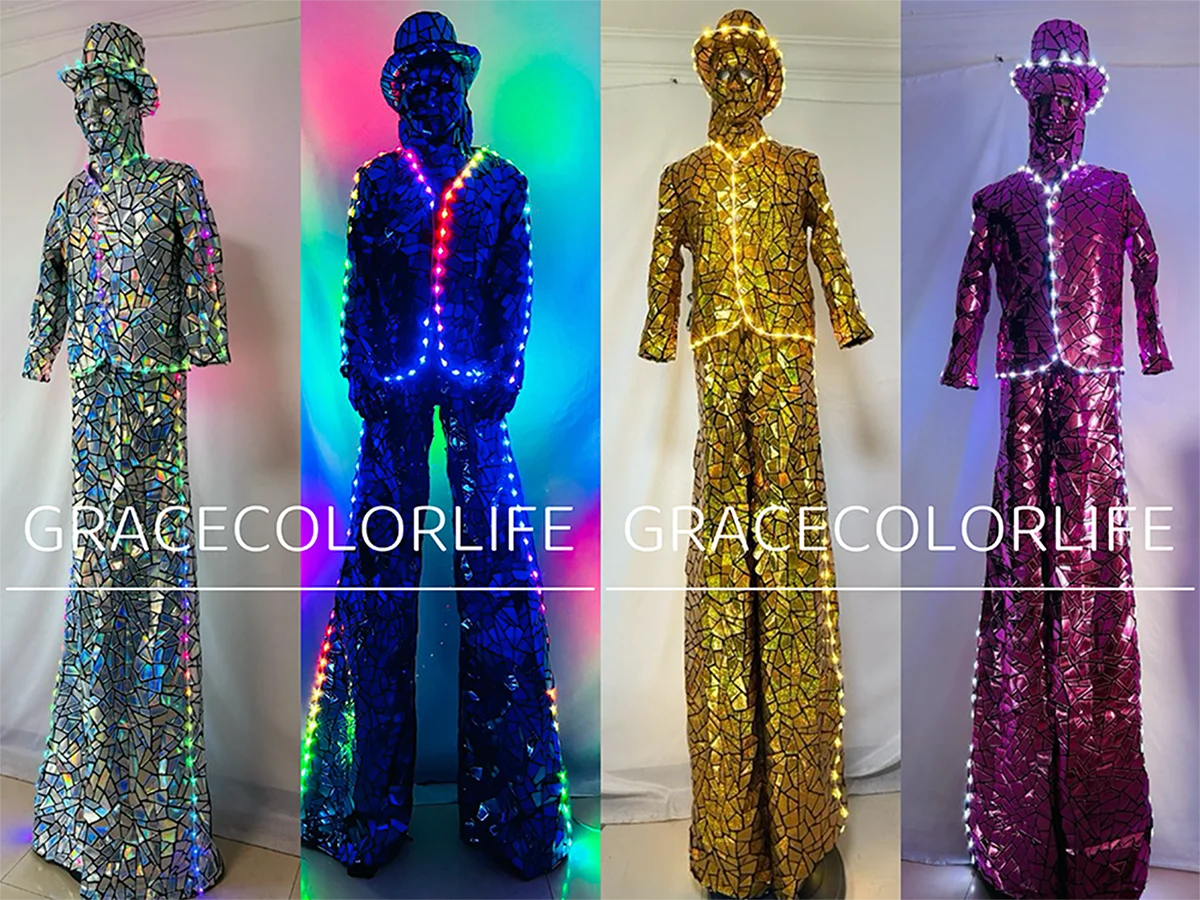 Costume da robot da passeggio con trampoli per tutto il corpo con luci a LED, paillettes scintillanti per spettacoli teatrali per adulti, spettacoli di eventi cosplay