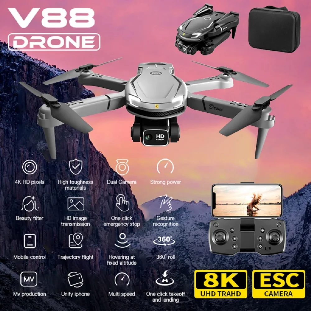 Original New Mini V88 Drone 4k Professinal With Wide Angle Triple 8k HD Camera Height Hold RC Foldable  Quadcopter Helicopter