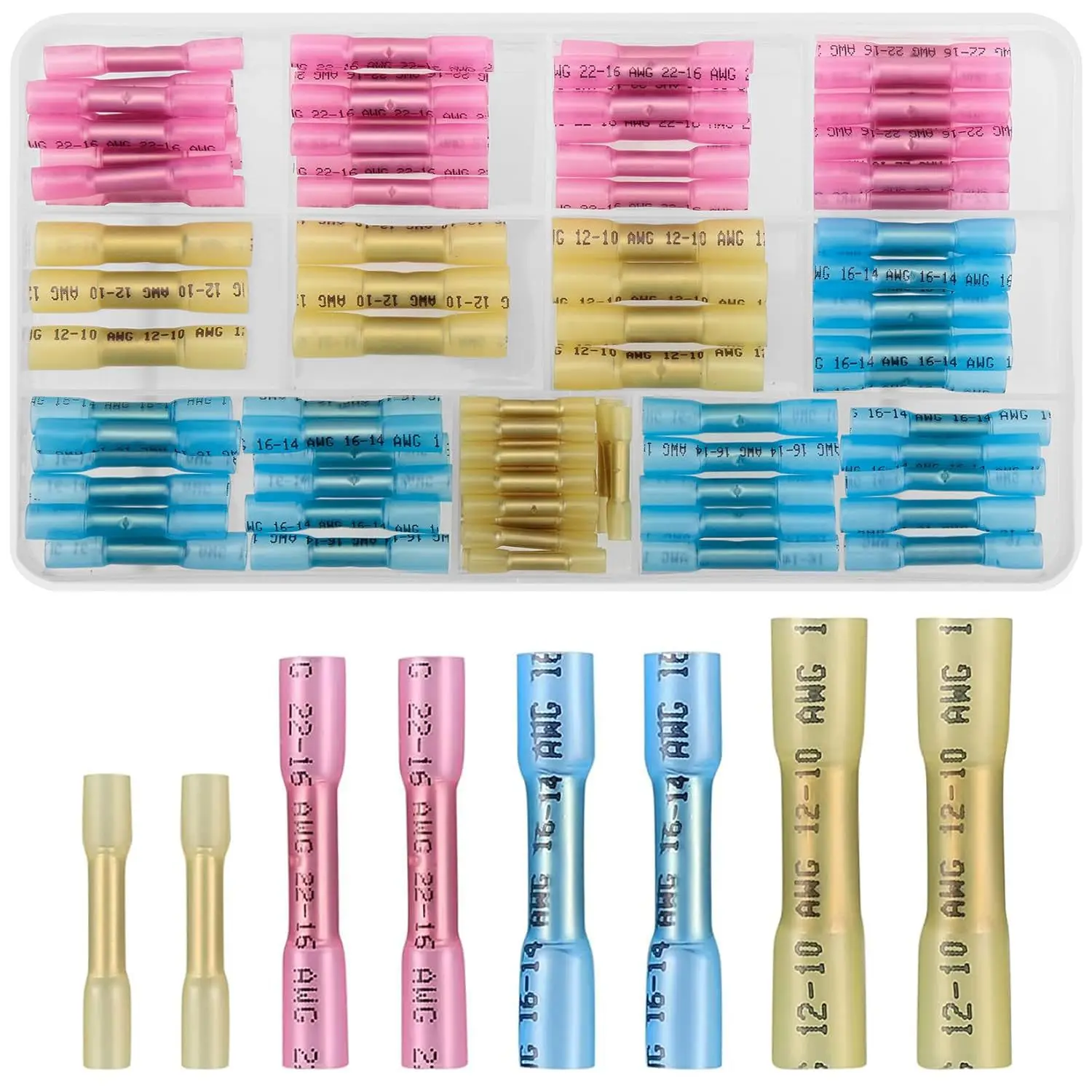 130PCS Waterproof Dual Wall Heat Shrink Terminal Kit, Insulated Butt Wire Connectors 10-26AWG with Storage Box