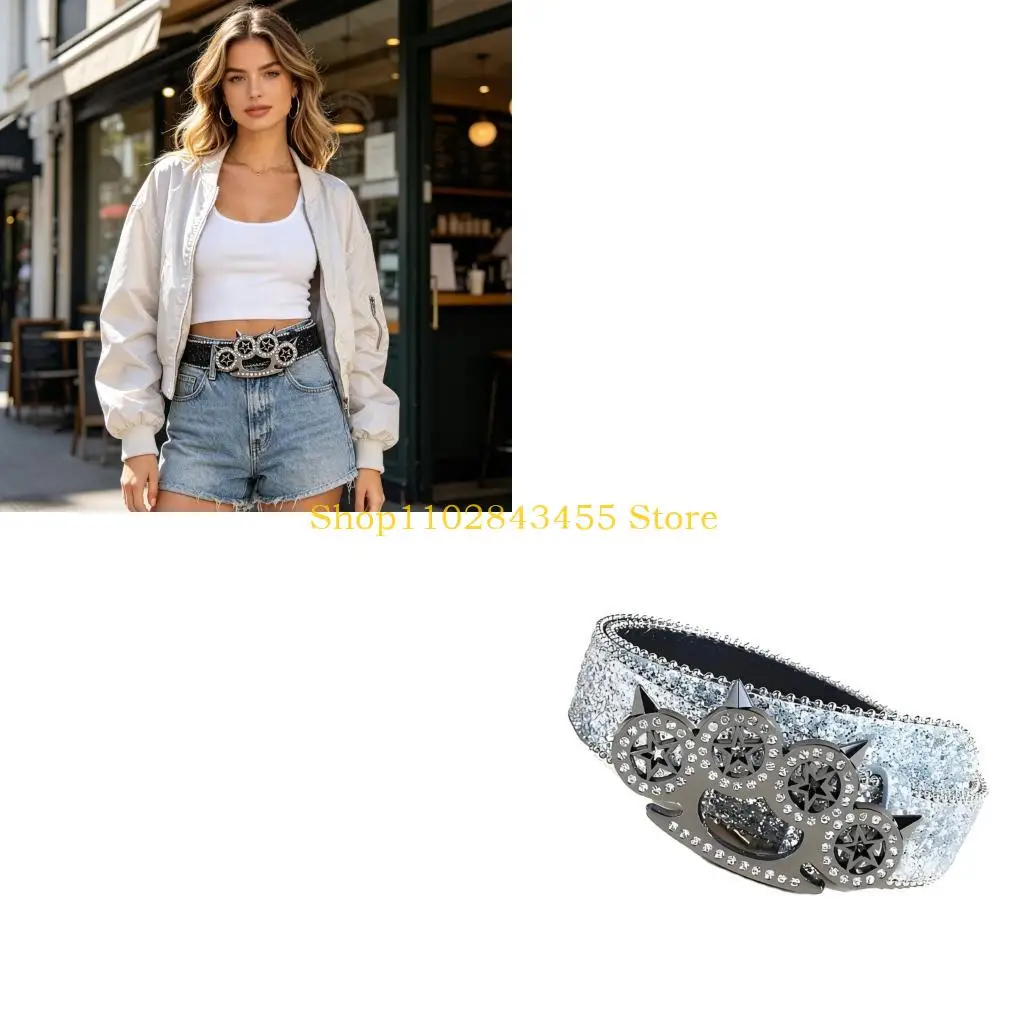 49MC Footprint Clasp Waist Belt with Shimmering Trim, Pointed Accents, Leather Strap and Snap Closure for Daily Styling, 107 cm
