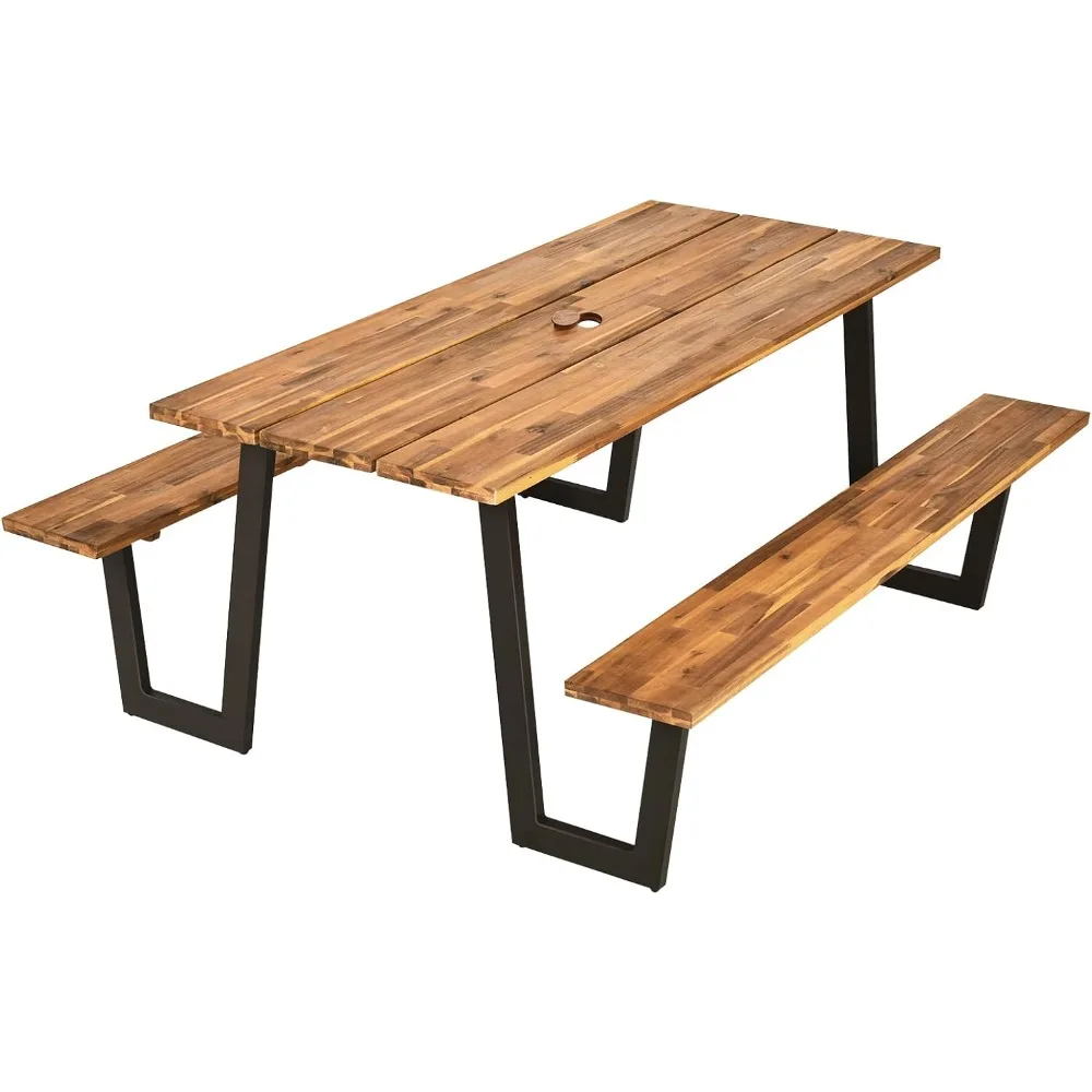 

Wooden Picnic Table, Outdoor Acacia Wood Picnic Table with 2 Built-in Benches, Umbrella Hole, Steel Frame, Outside Table and Be
