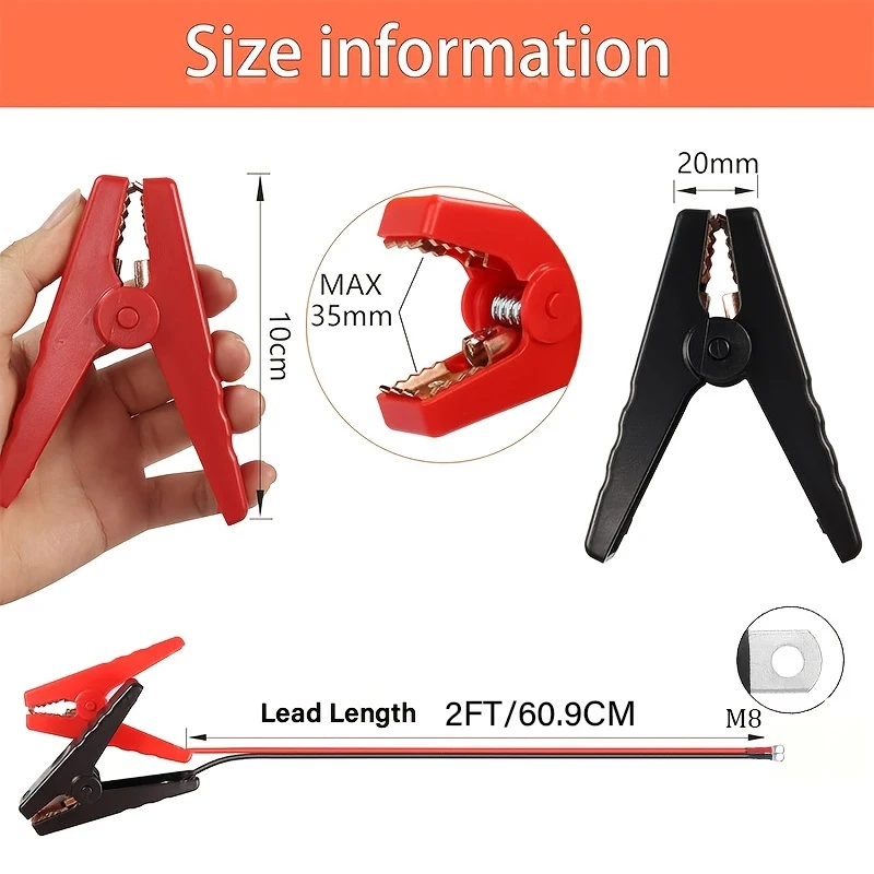 AGASHE 8AWG Silicone Wire, 2ft / 60.9cm Tinned Copper Automotive Emergency Jump Starter Cable with Battery Crocodile Clips