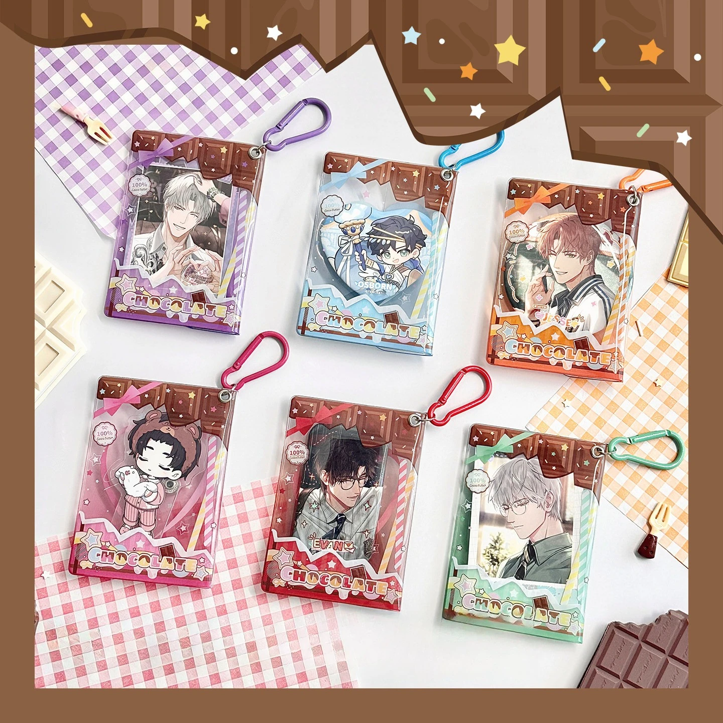 Frosted Chocolate Series PVC Clear Card Pouch, Kawaii Portable Storage Case with Carabiner, Bag Decor for Anime Badge Photocards