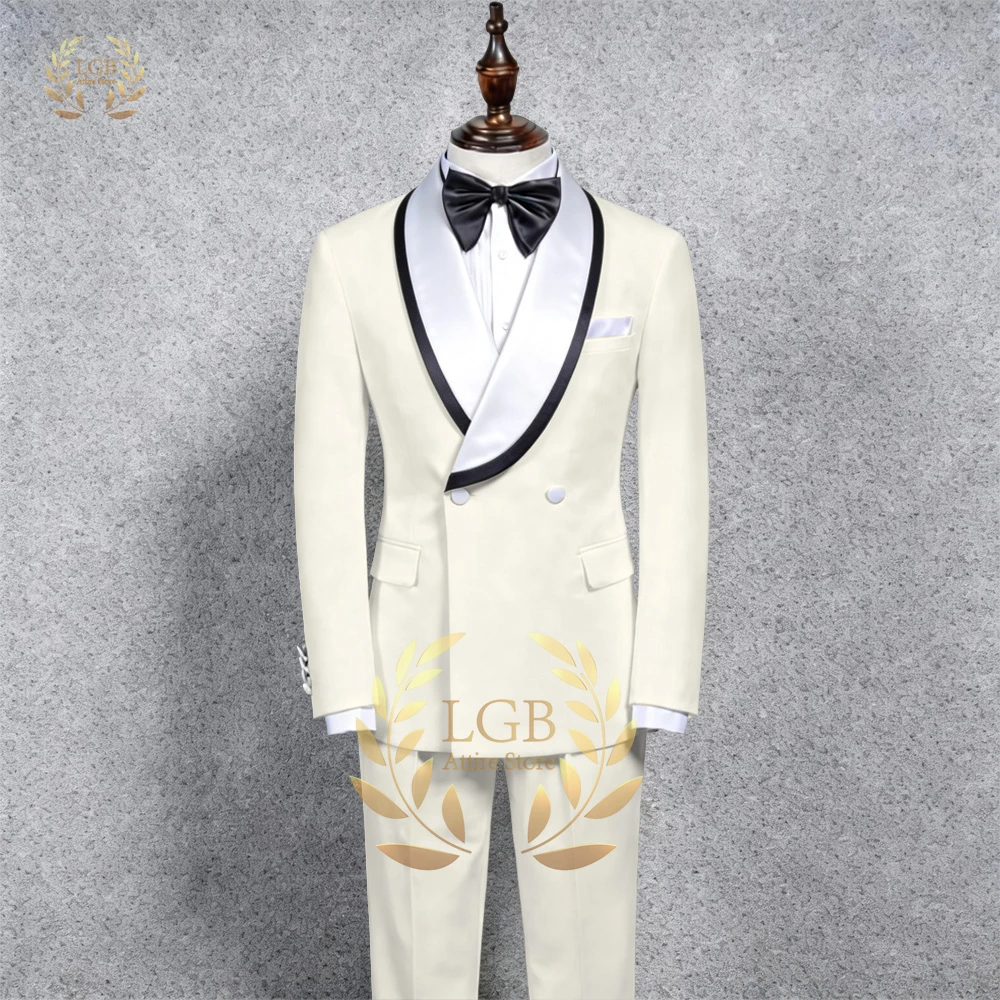 Fashion Men's Suit Black Trim Shawl Neck Blazer Pants Set Gentleman Wedding Reception Celebration Costume Breathable Fabric