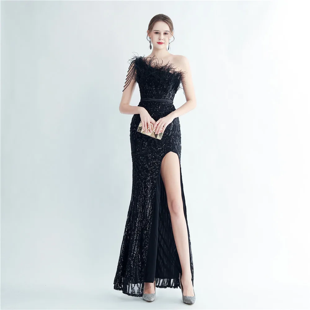 Customized Women's Hevavy Ostrich Wool  Beads One Shoulder Side Split Sparkle Dress Formal Party Cocktail  Dress