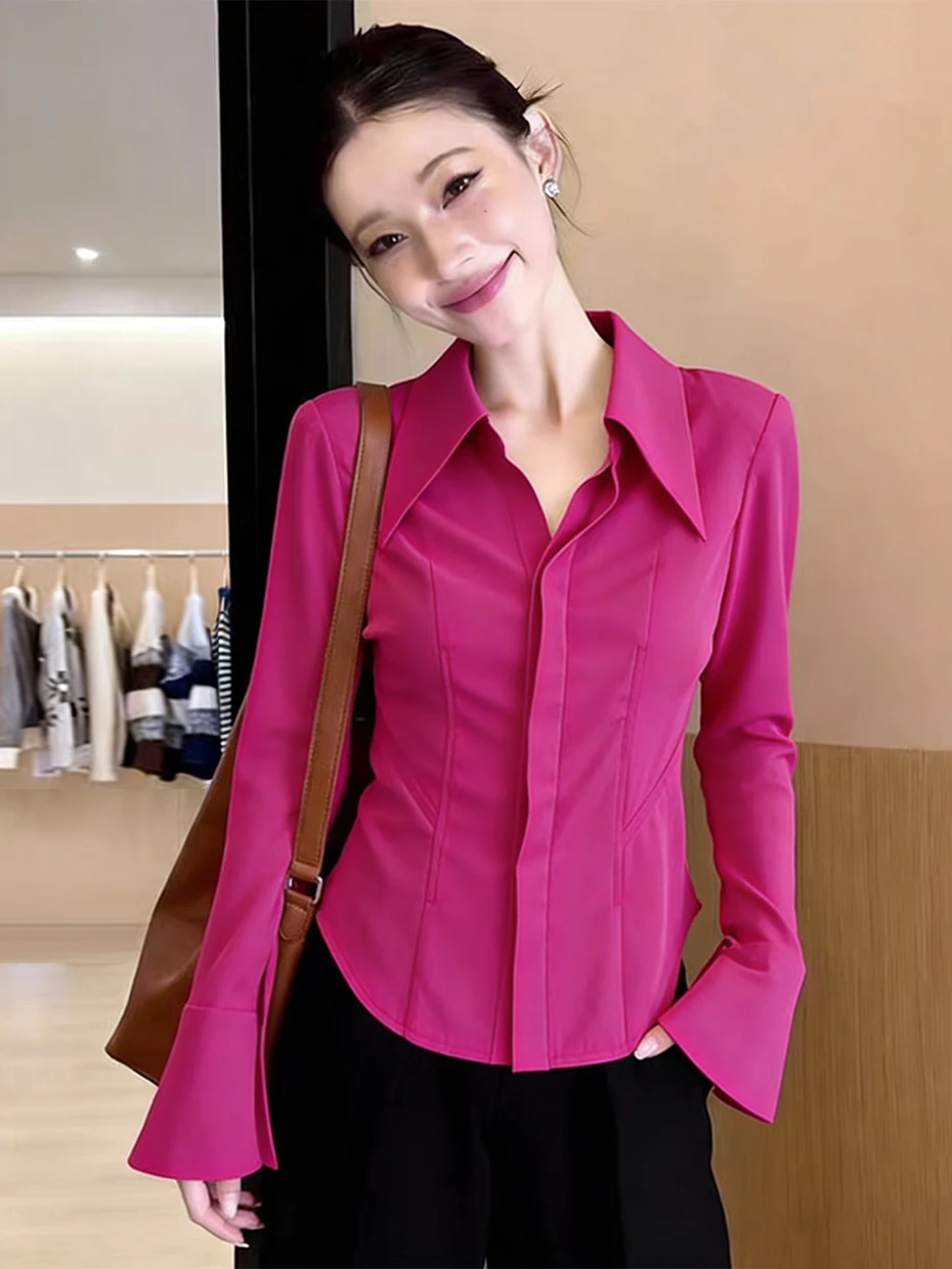 

Pink Shirt Women's Slim Fit Shirt Shoulder Pad Bell Sleeve Sharp Collar Short Spring Fashion Korean Style Anti-Wrinkle Women'...