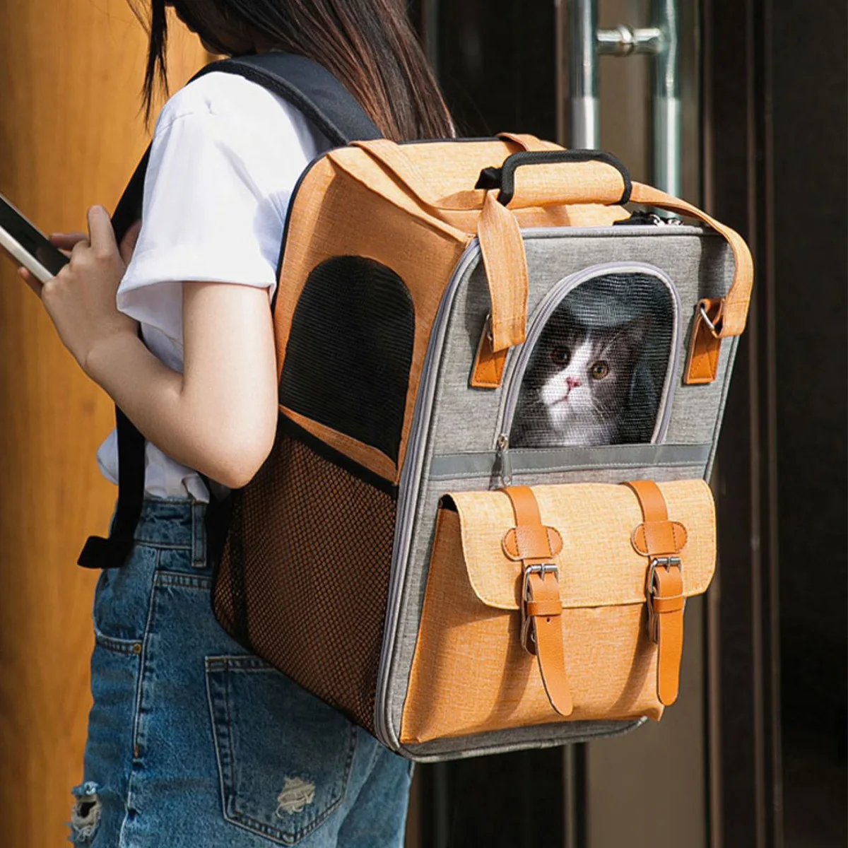 

New For Portable Double Shoulder Breathable Cat Backpack Foldable Small Pet Going Out Bag