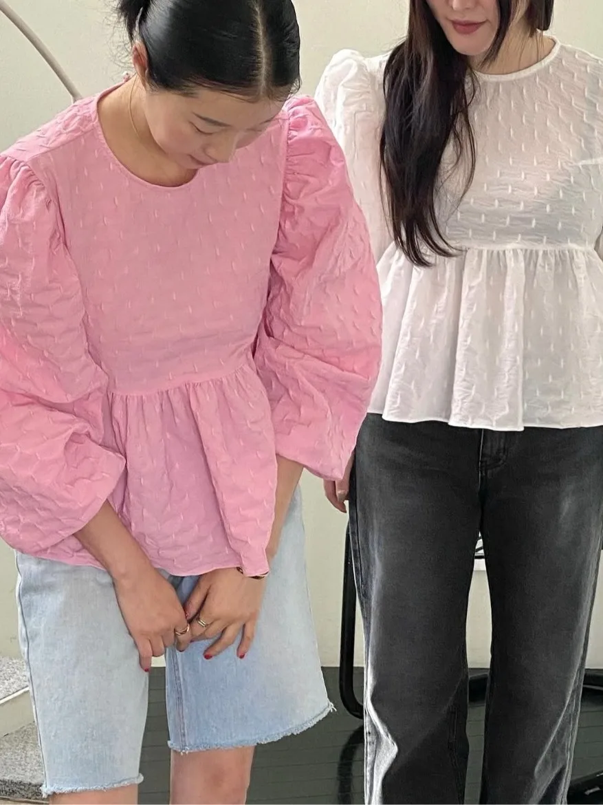 Blusa elegante Bal Lantern Sve para mujer, novedad de primavera, antienvejecimiento, gancho 3D, textura de flor, Top de fibra elástica de poliéster