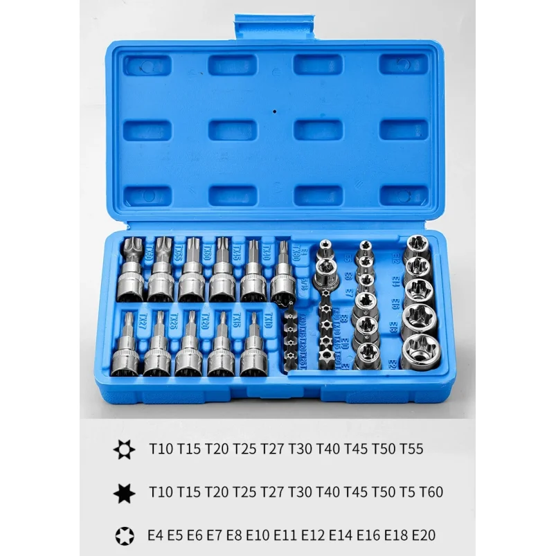 Professional 34pcs Torx Bit Socket & E-Torx Star Socket Set 1/4