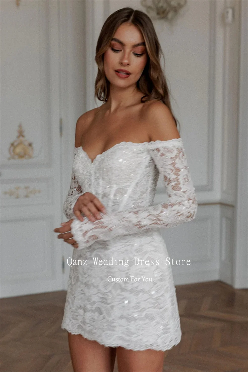 Qanz branco brilho vestidos de casamento brilhante rendas apliques personalizado vestido de festa mangas compridas curto sereia robe chique elegante