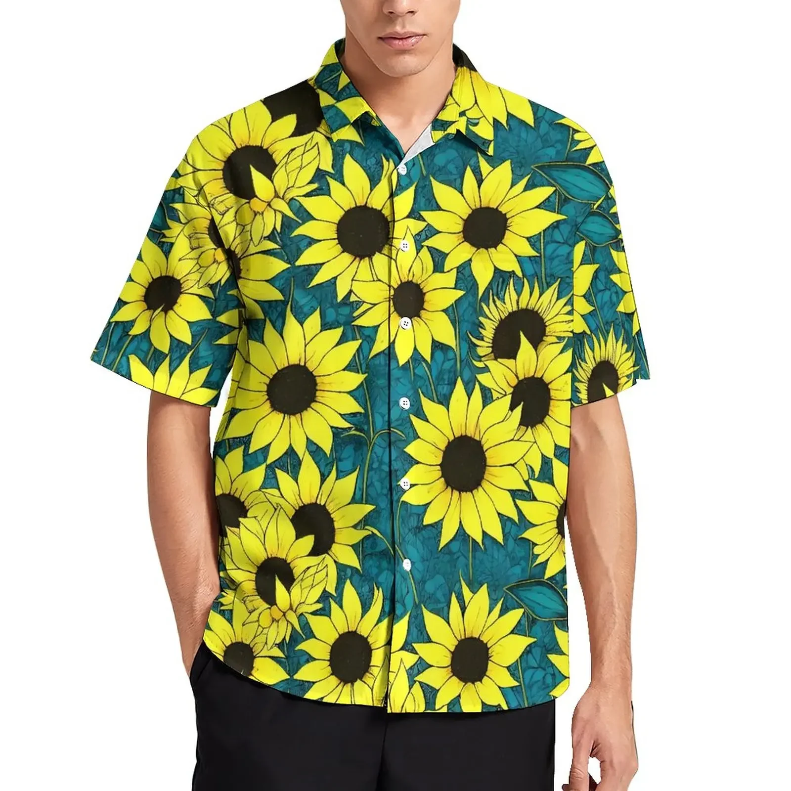 

Sunflower Print Blouses Mens Purple Floral Social Casual Hawaiian Short Sleeve Gift Design Novelty Oversize Beach Harajuku Shirt