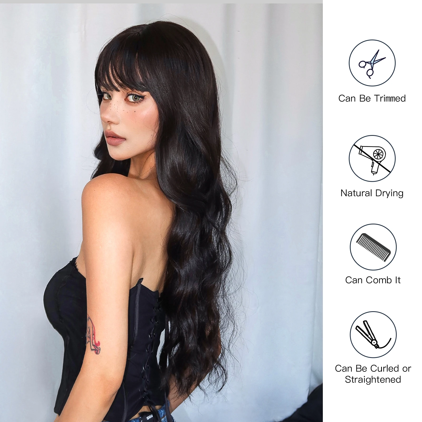 HENRY MARGU Black Synthetic Hair Wigs with Bangs Long Wavy Wig for Women Natural Realistic Fake Hair High Temperature Daily Wig