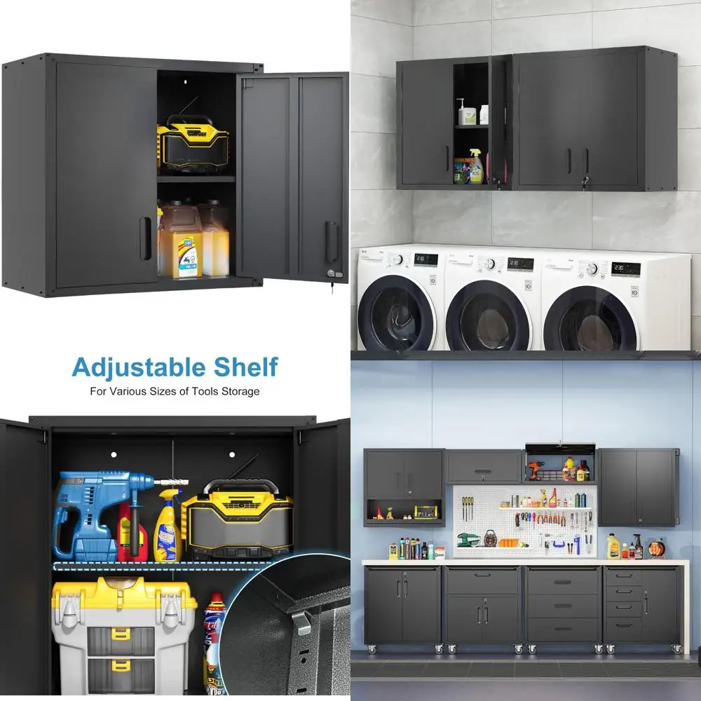 頑丈なロック付き壁掛けツールキャビネット、2ドア、調節可能な棚、黒仕上げ、ガレージ収納用