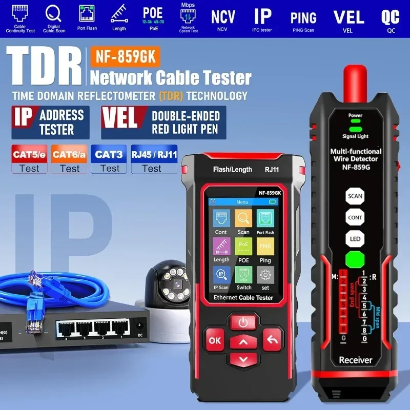 NF-859GK/GT/GS Network Cable Tester Ethernet Phone Line Tester RJ45 RJ11 TDR PING POE LP Tester for CAT5 CAT6 Cable Toner view 5