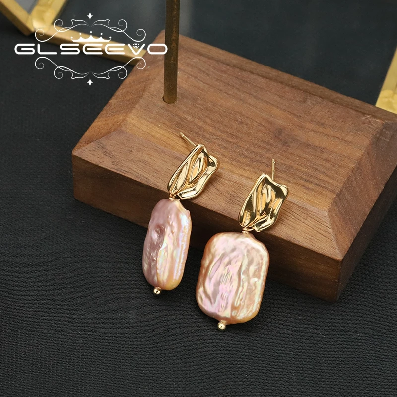 

GLSEEVO 2023 New Geometric Inrhombus Stud Earrings Woman Dangle Baroque Pearl Eardrop Korean Style Trendy Wedding Jewelry