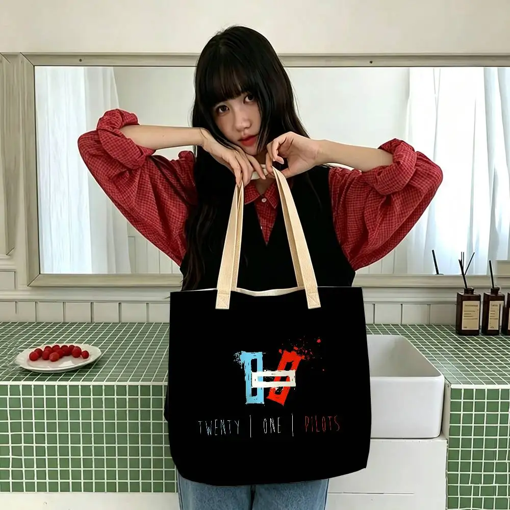 T-Twenty One Pilots Band-Aufbewahrungstaschen, Leinenmischung aus Baumwolle und Polyester, doppelseitige Schulter- und Handtasche, wiederverwendbare, umweltfreundliche Tragetasche. – Detail 6