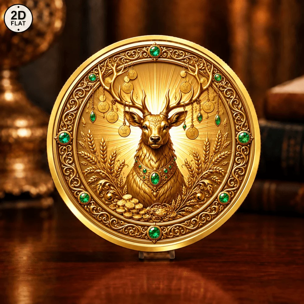 1pc Wealth Deer & Crown Lion Commemorative Coin 2D Vintage Royal Animal Metal Collectible Medal Good Luck Inspirational Gifts