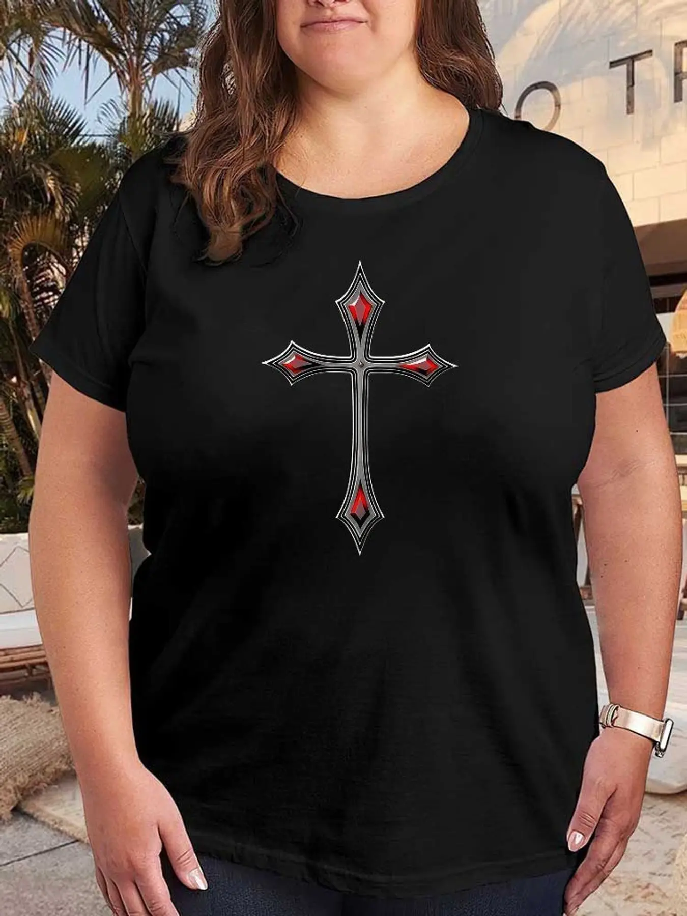 Gothic Red Cross Graphic T Shirt Women Fashion Stretchy Casual Tops Plus Size Vintage Streetwear Short Sleeve Summer Clothes
